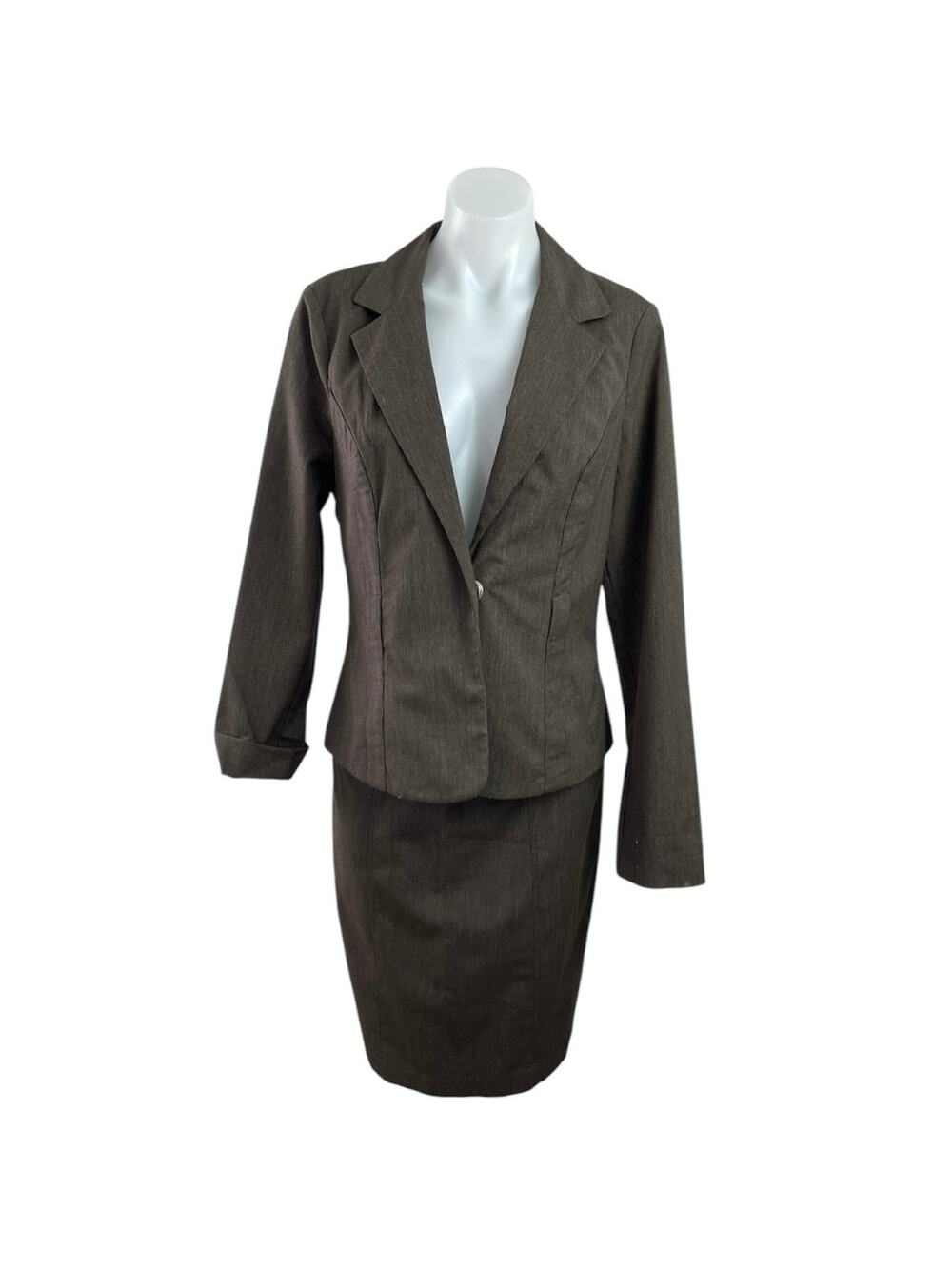 BCX Brown Long Sleeve Notch Lapel Blazer Coat Jacket Pencil Skirt Suit Set Sz L